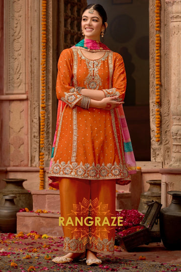 Saffron Glow Mirror Embroidered Suit Set