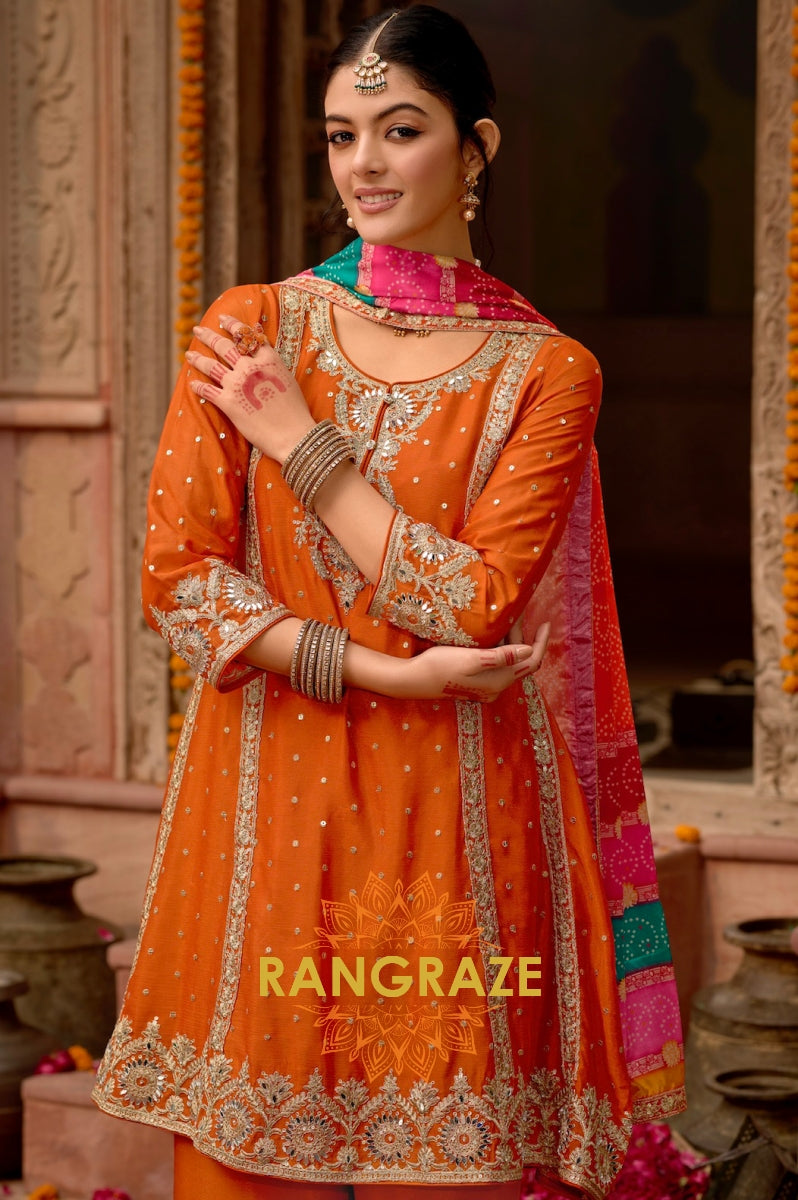 Saffron Glow Mirror Embroidered Suit Set