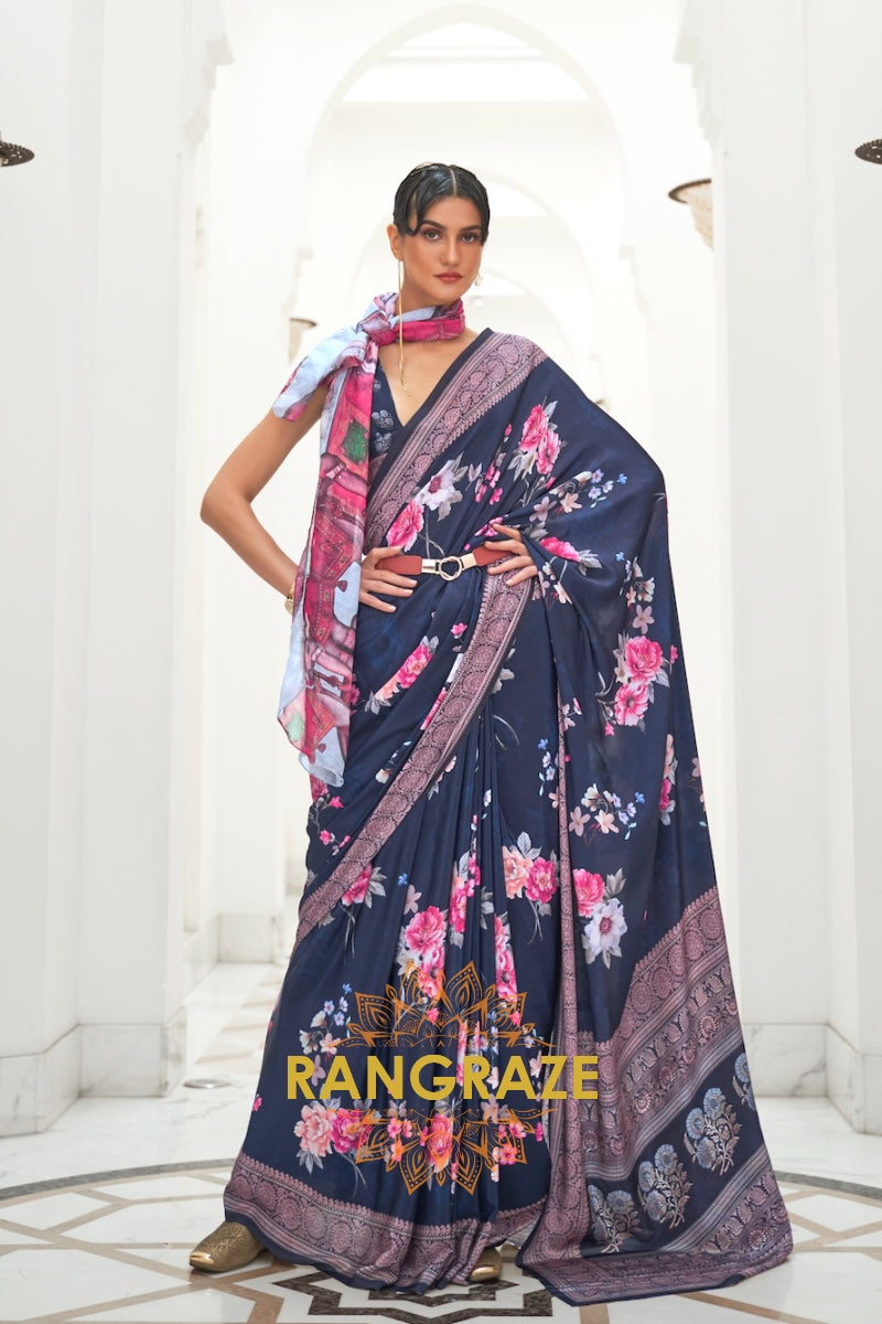Cream leaf motifs printed crepe silk saree, contrast blue printed blouse, kaleidoscope coloured intricately printed border & pallu main image 0