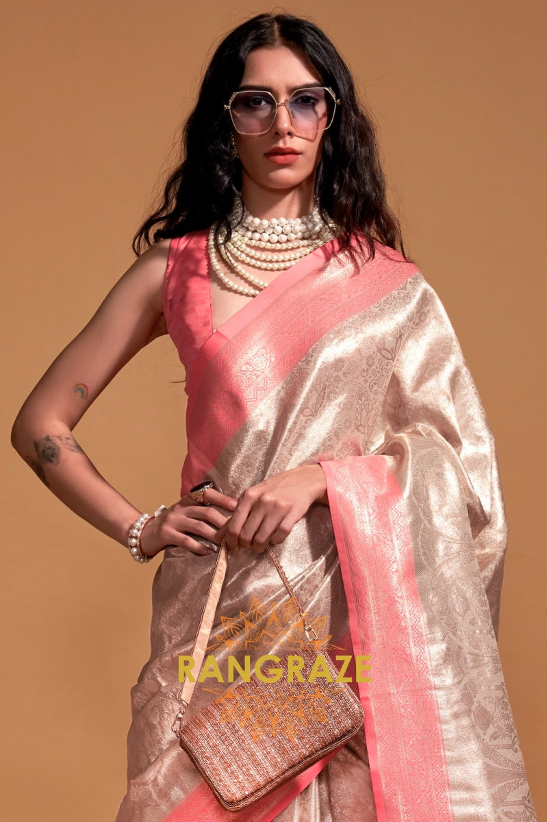 Ivory Pink Woven Kanjivaram Silk Saree