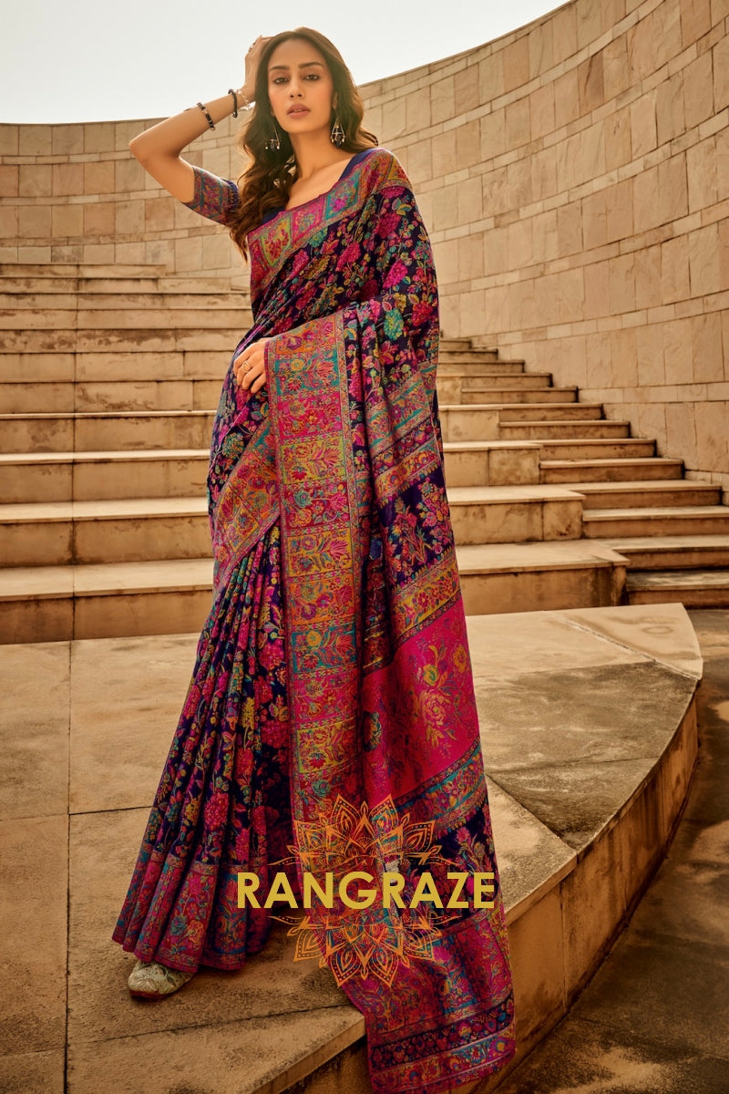Light Blue Multi Color Kashmiri Jamewar Weave Saree