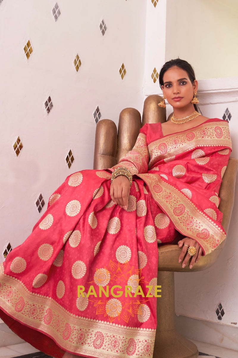 Golden Rose Pink Pure Satin Weaving Banarasi Silk Saree