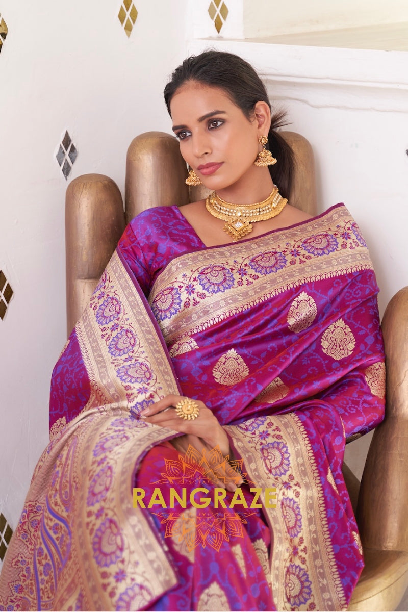 Purple Gold Pure Satin Weaving Banarasi Silk Saree