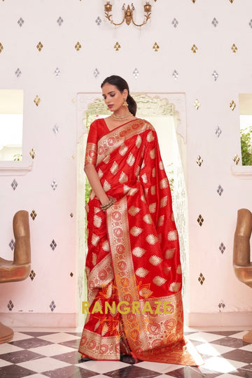Golden Red Pure Satin Weaving Banarasi Silk Saree