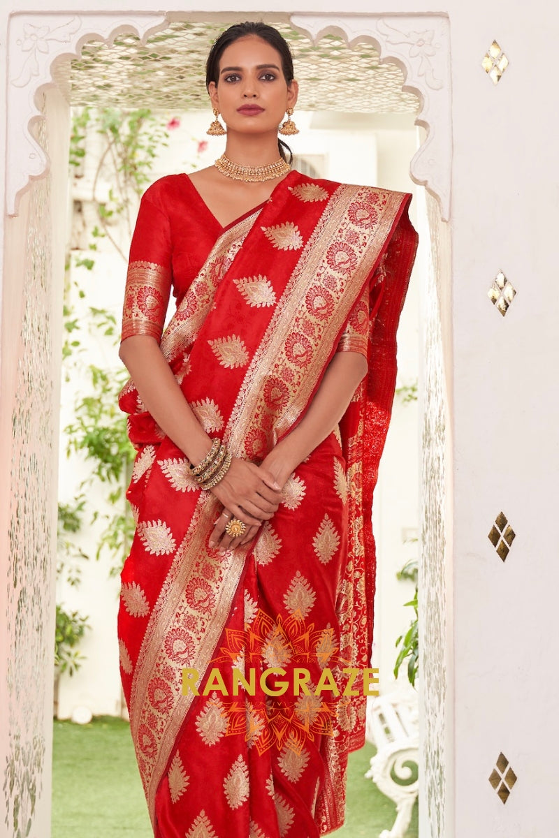 Golden Red Pure Satin Weaving Banarasi Silk Saree