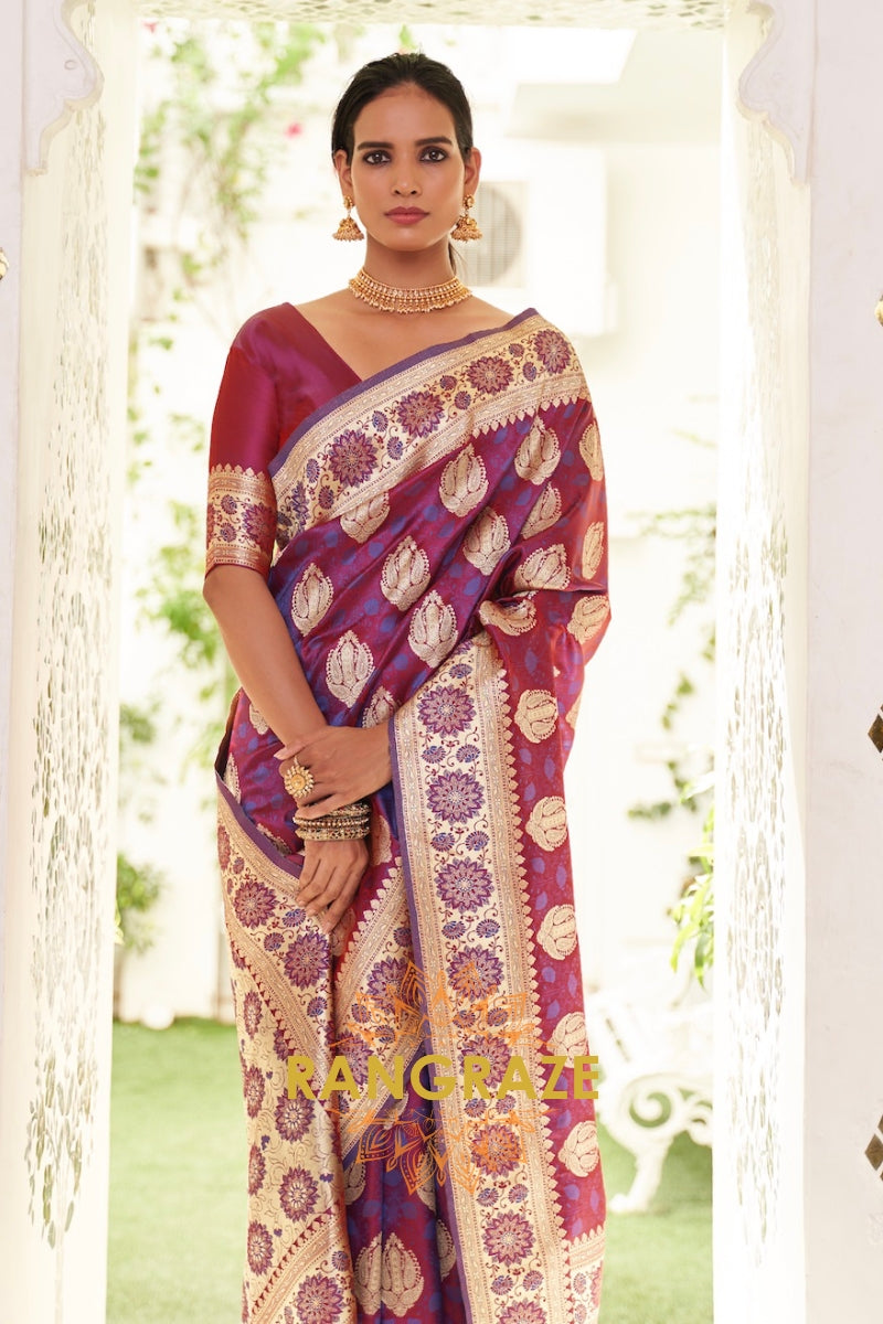 Golden Purple Pure Satin Weaving Banarasi Silk Saree