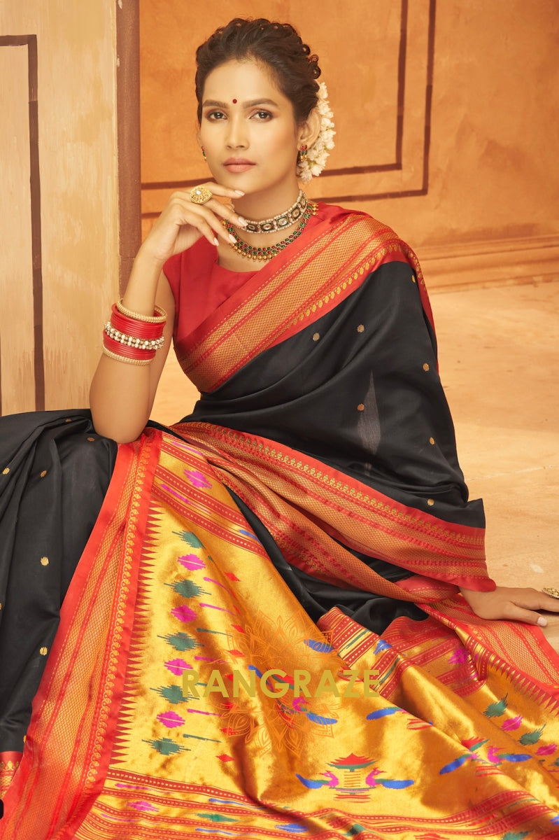 Midnight Majesty Paithani Silk Saree with Royal Zari Weaving