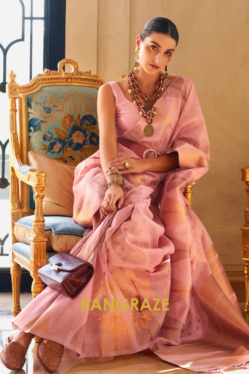 Rose Pink Charming Banarasi Woven Tissue Silk Saree