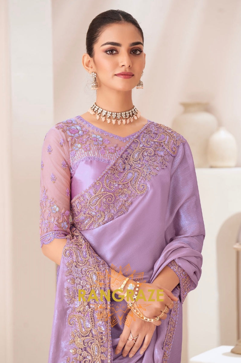 Regal Amethyst Satin Chiffon Saree with Ornate Silk Blouse