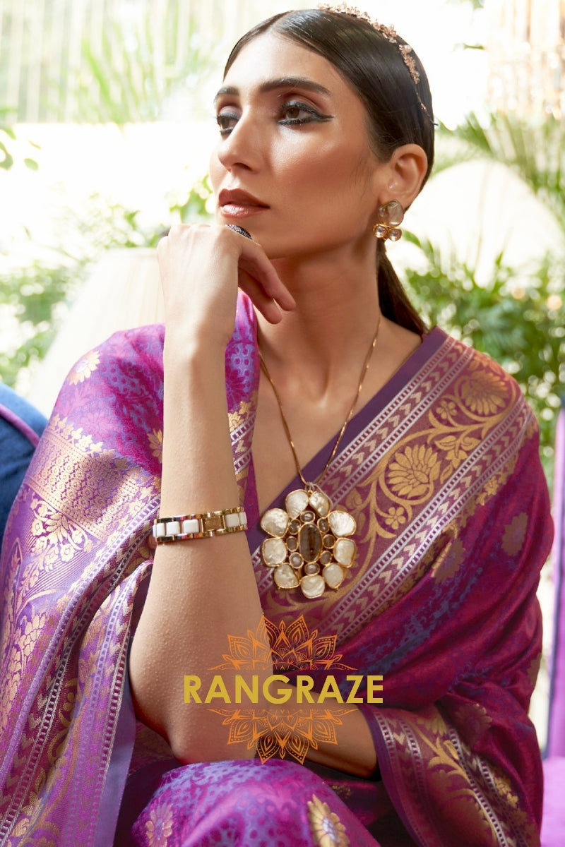 Mystic Purple Woven Smooth Satin Silk Banarasi Saree