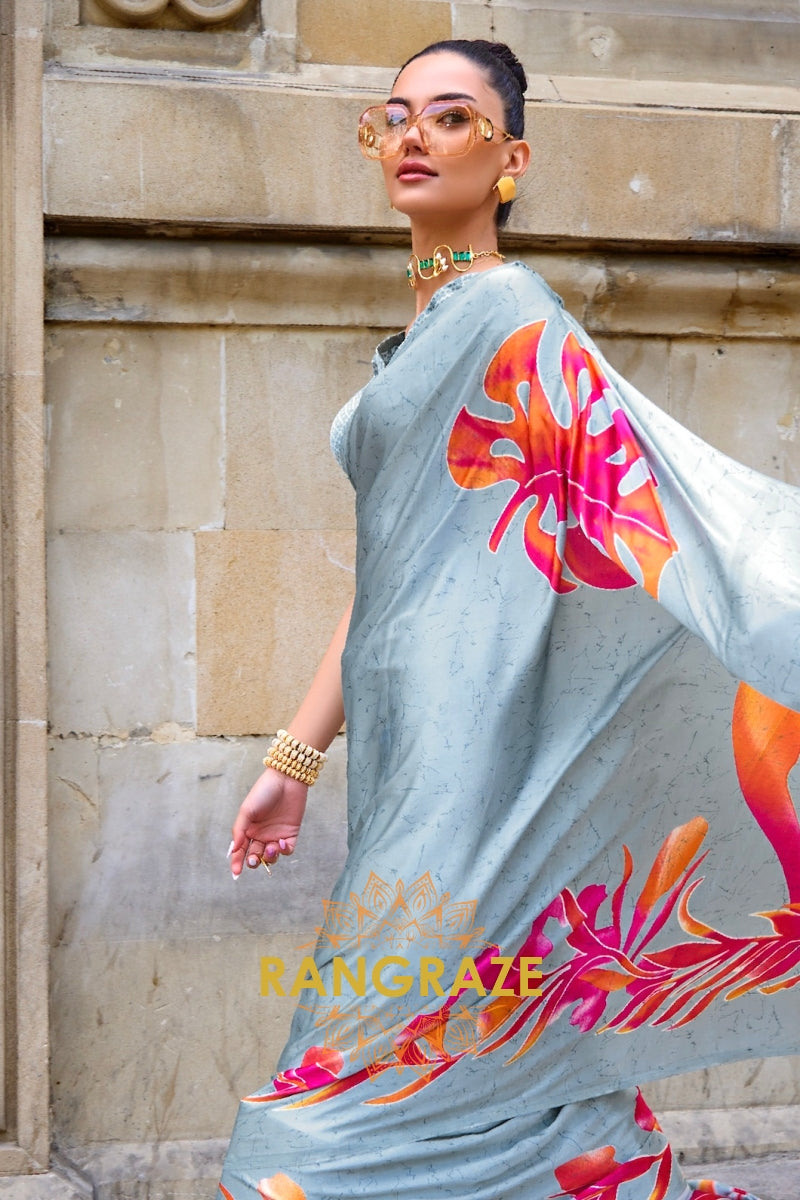 Regal Bluish Grey Satin Silk Floral Printed Saree