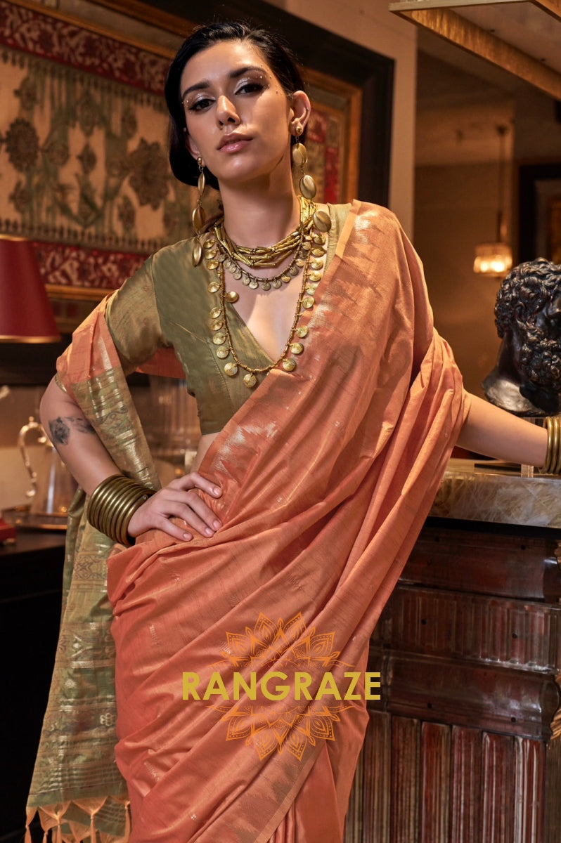 Terracotta Orange Tussar Silk Saree with Olive Green Border