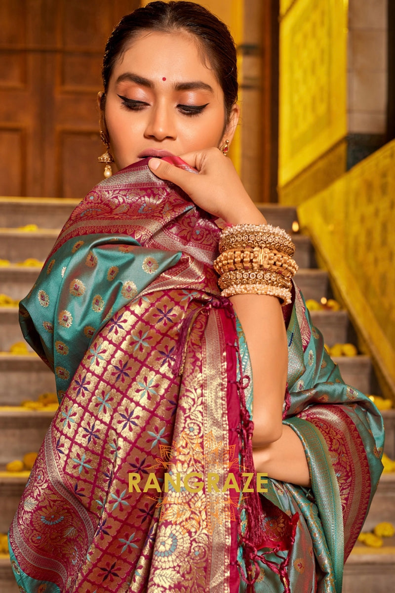 Mystic Turquoise Heavy Work Festive Banarasi Silk Saree