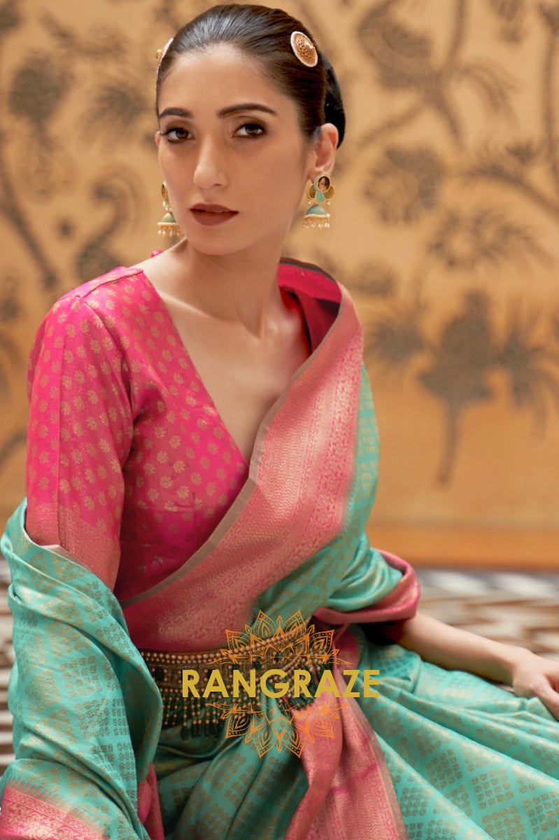 Caribbean Green And Pink Kanjivaram Silk Saree
