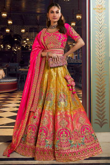Pink And Yellow Banarasi Silk Lehenga WIth Hand Purse