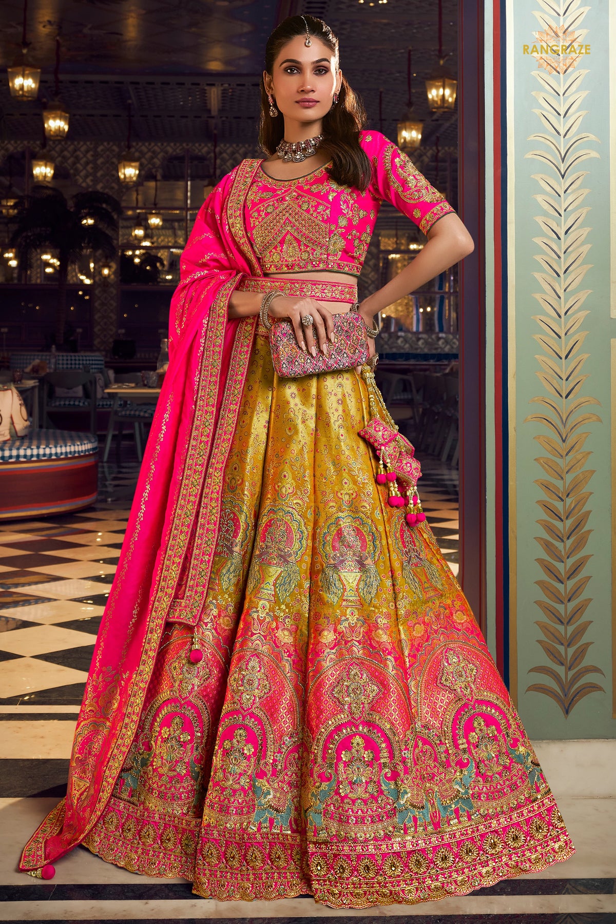 Pink And Yellow Banarasi Silk Lehenga WIth Hand Purse