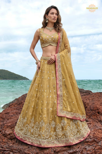Golden Yellow Embroidered Semi-Stitched Tissue Lehenga Set