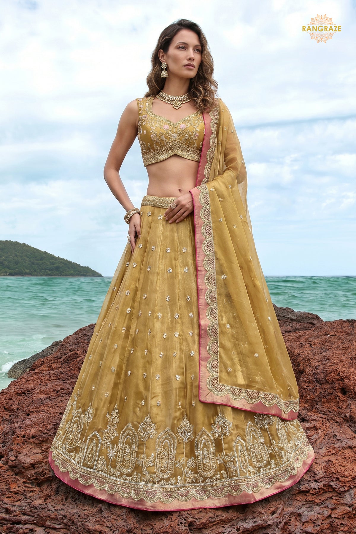 Golden Yellow Embroidered Semi-Stitched Tissue Lehenga Set