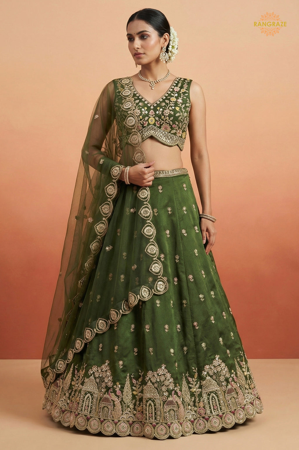 Green Embroidered Semi-Stitched Chinnon Lehenga Set