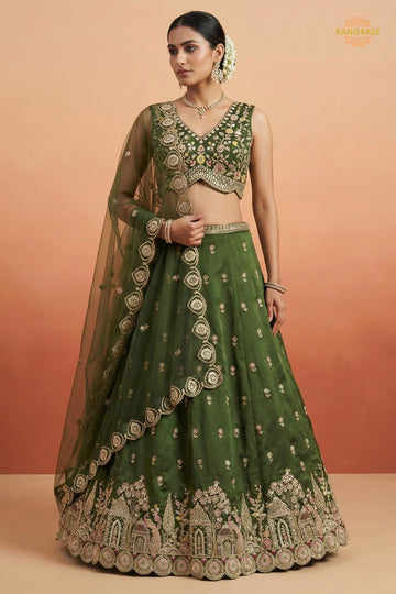 Green Embroidered Semi-Stitched Chinnon Lehenga Set