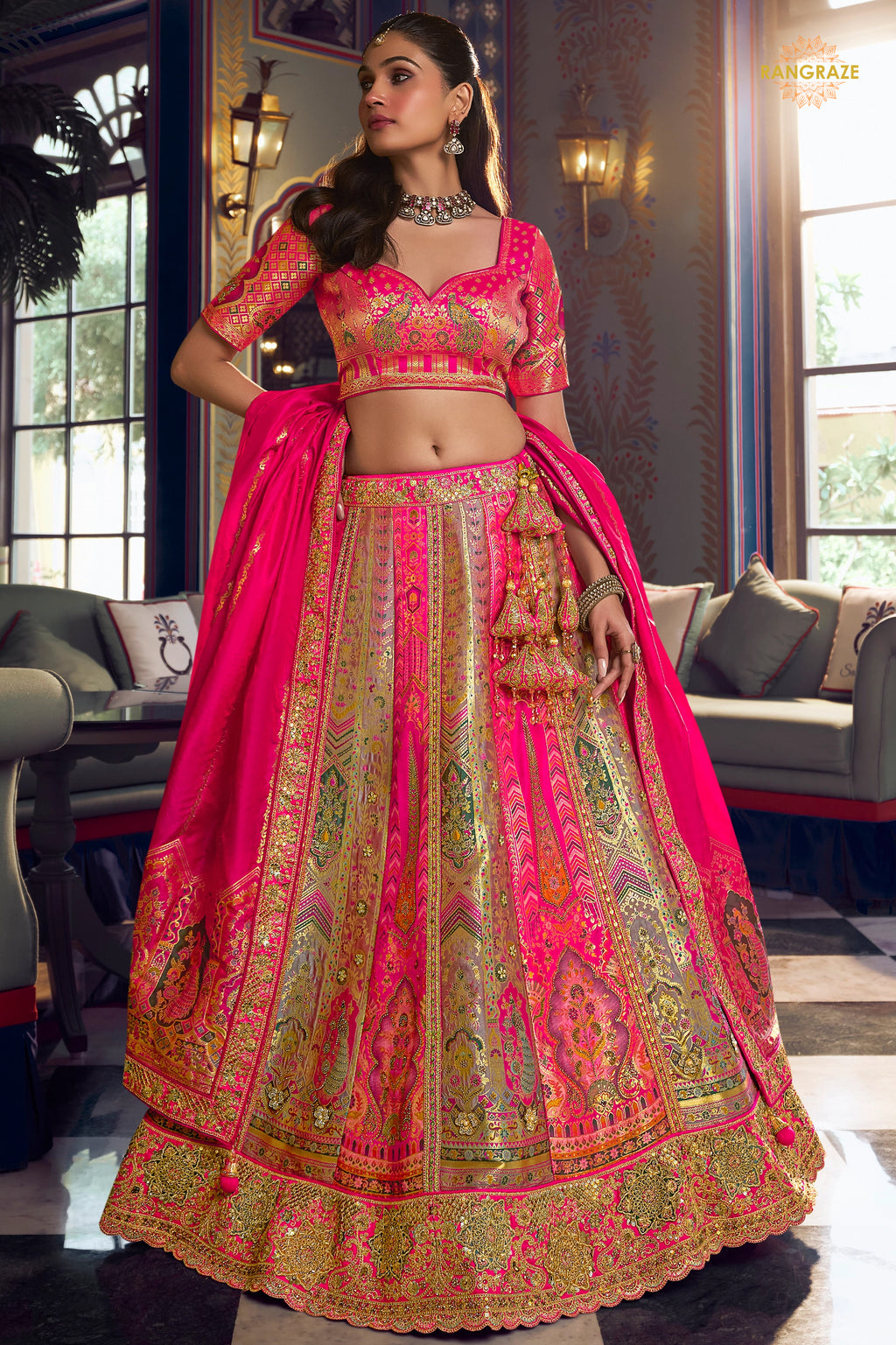 Multicolor Banarasi Silk Lehenga WIth Hand Purse