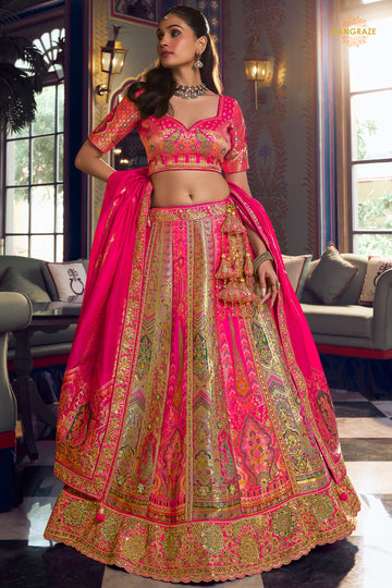 Multicolor Banarasi Silk Lehenga WIth Hand Purse