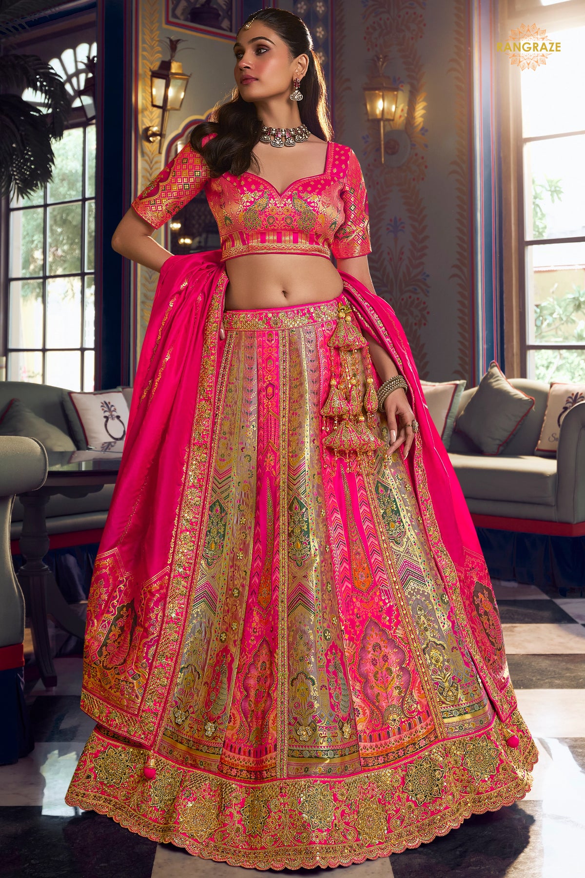 Multicolor Banarasi Silk Lehenga WIth Hand Purse