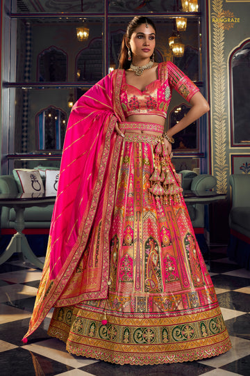 Multicolor Banarasi Silk Lehenga WIth Hand Purse
