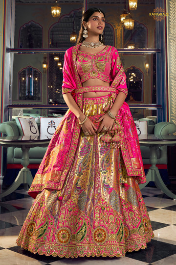 Multicolor Banarasi Silk Lehenga WIth Hand Purse