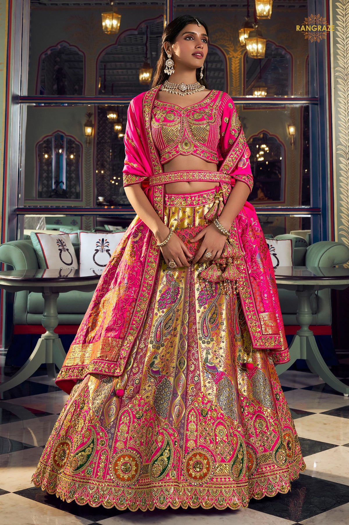 Multicolor Banarasi Silk Lehenga WIth Hand Purse