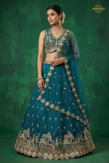 Teal Blue Embroidered Semi-Stitched Chinnon Lehenga Set