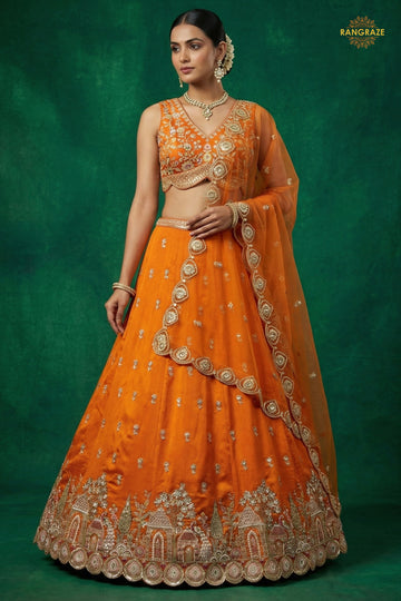 Orange Embroidered Semi-Stitched Chinnon Lehenga Set