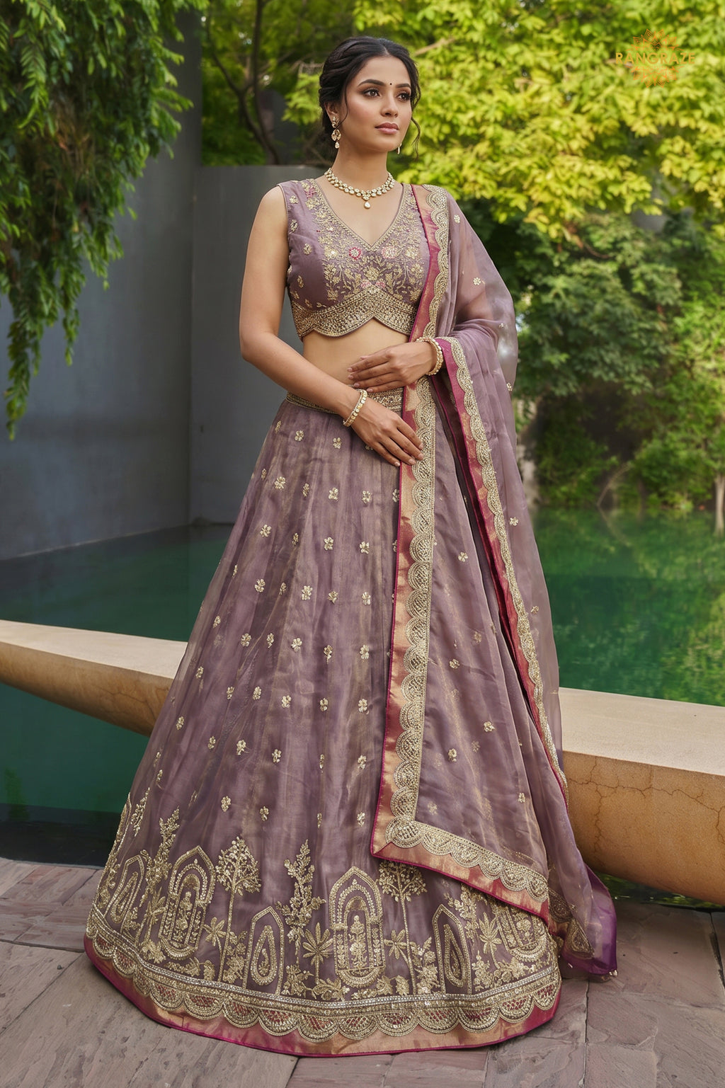 Mauve Embroidered Semi-Stitched Tissue Lehenga Set