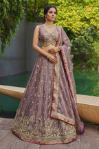 Mauve Embroidered Semi-Stitched Tissue Lehenga Set