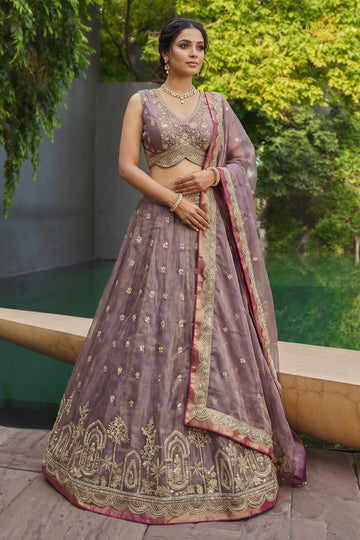 Mauve Embroidered Semi-Stitched Tissue Lehenga Set