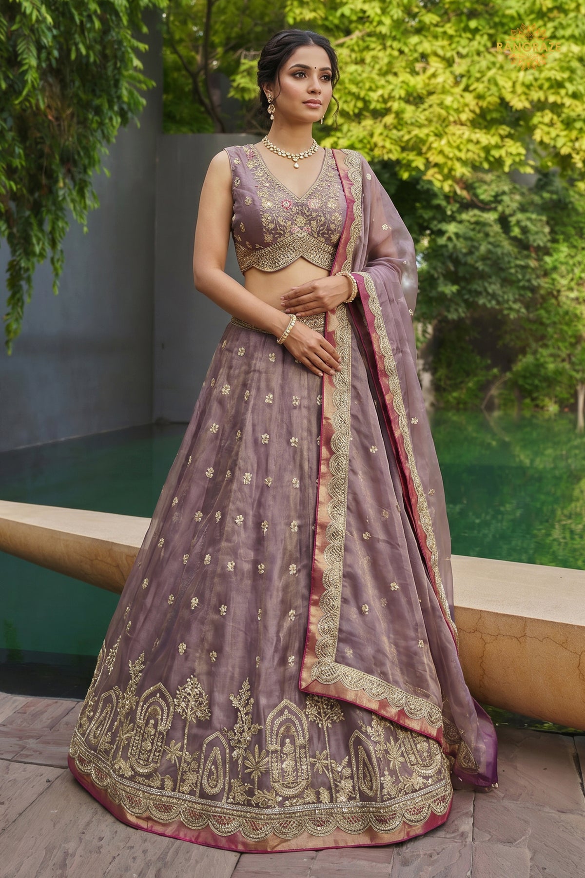 Mauve Embroidered Semi-Stitched Tissue Lehenga Set