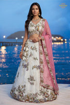 Cream Embroidered Semi-Stitched Tissue Lehenga Set
