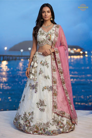 Cream Embroidered Semi-Stitched Tissue Lehenga Set