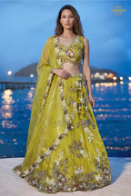 Lime Yellow Embroidered Semi-Stitched Tissue Lehenga Set