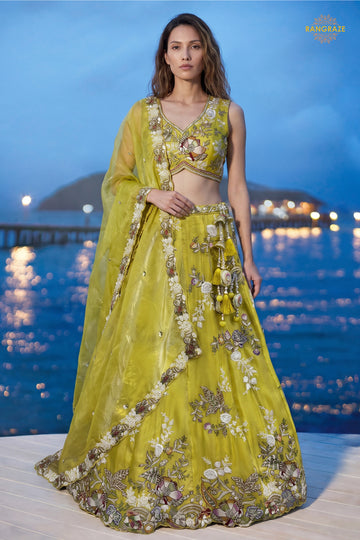 Lime Yellow Embroidered Semi-Stitched Tissue Lehenga Set
