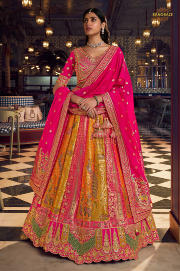 Pink And Yellow Banarasi Silk Lehenga WIth Hand Purse