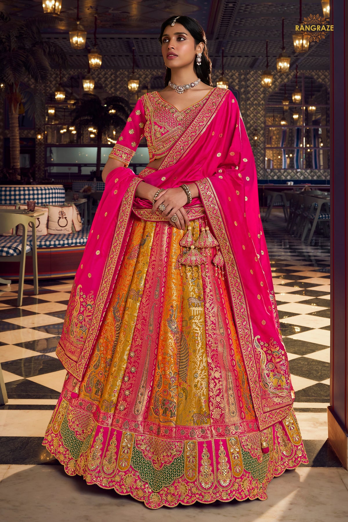 Pink And Yellow Banarasi Silk Lehenga WIth Hand Purse
