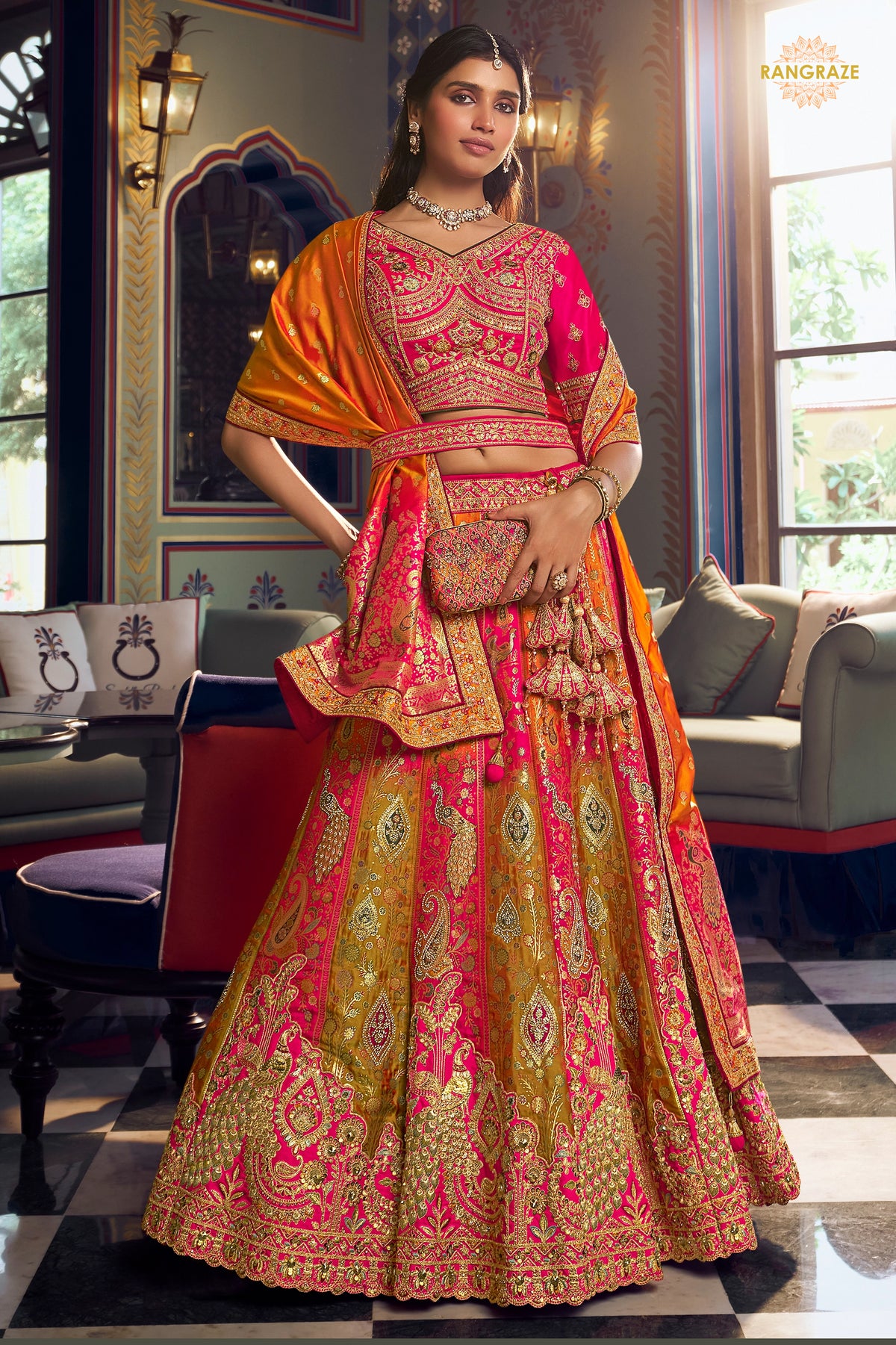 Pink And Green Banarasi Silk Lehenga WIth Hand Purse