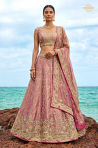 Dusty Pink Embroidered Semi-Stitched Tissue Lehenga Set