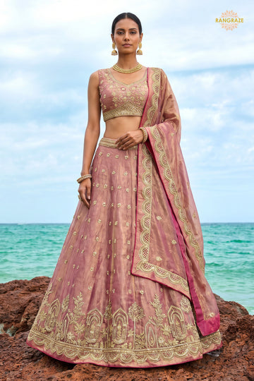 Dusty Pink Embroidered Semi-Stitched Tissue Lehenga Set