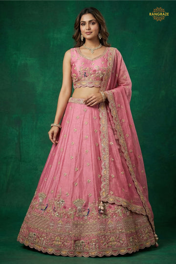 Blush Pink Embroidered Semi-Stitched Tissue Lehenga Set