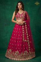 Pink Embroidered Semi-Stitched Chinnon Lehenga Set
