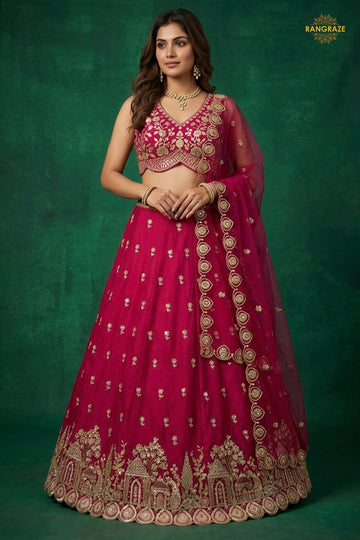 Pink Embroidered Semi-Stitched Chinnon Lehenga Set
