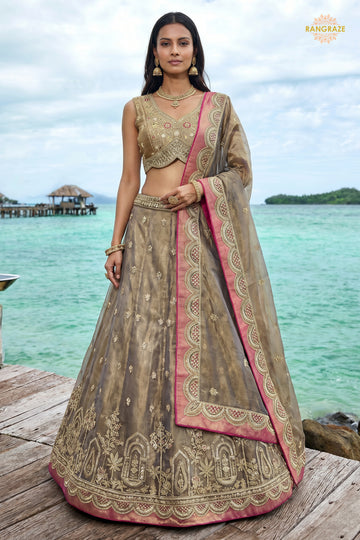 Champagne Beige Embroidered Semi-Stitched Tissue Lehenga Set