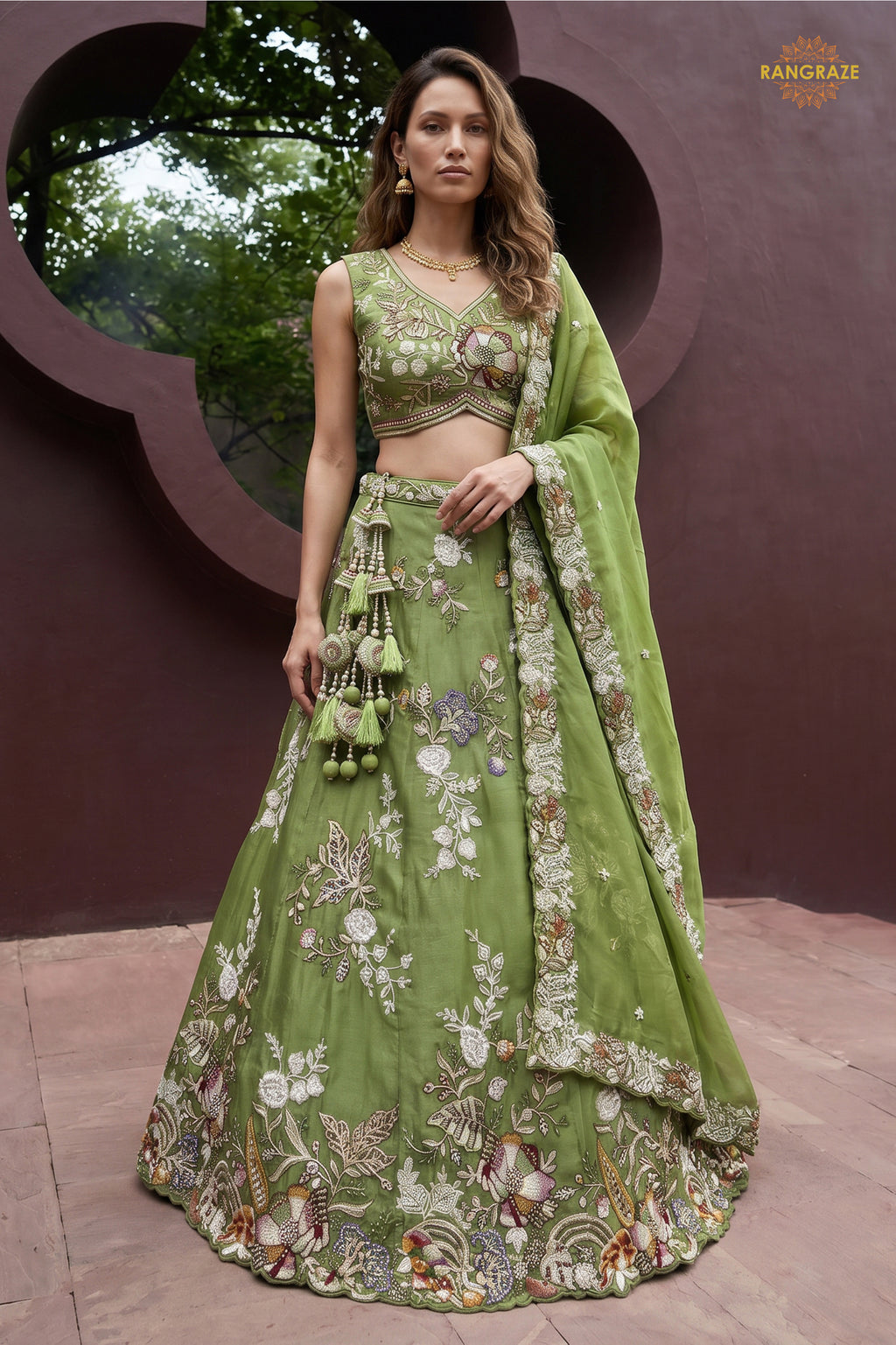 Olive Green Embroidered Semi-Stitched Tissue Lehenga Set